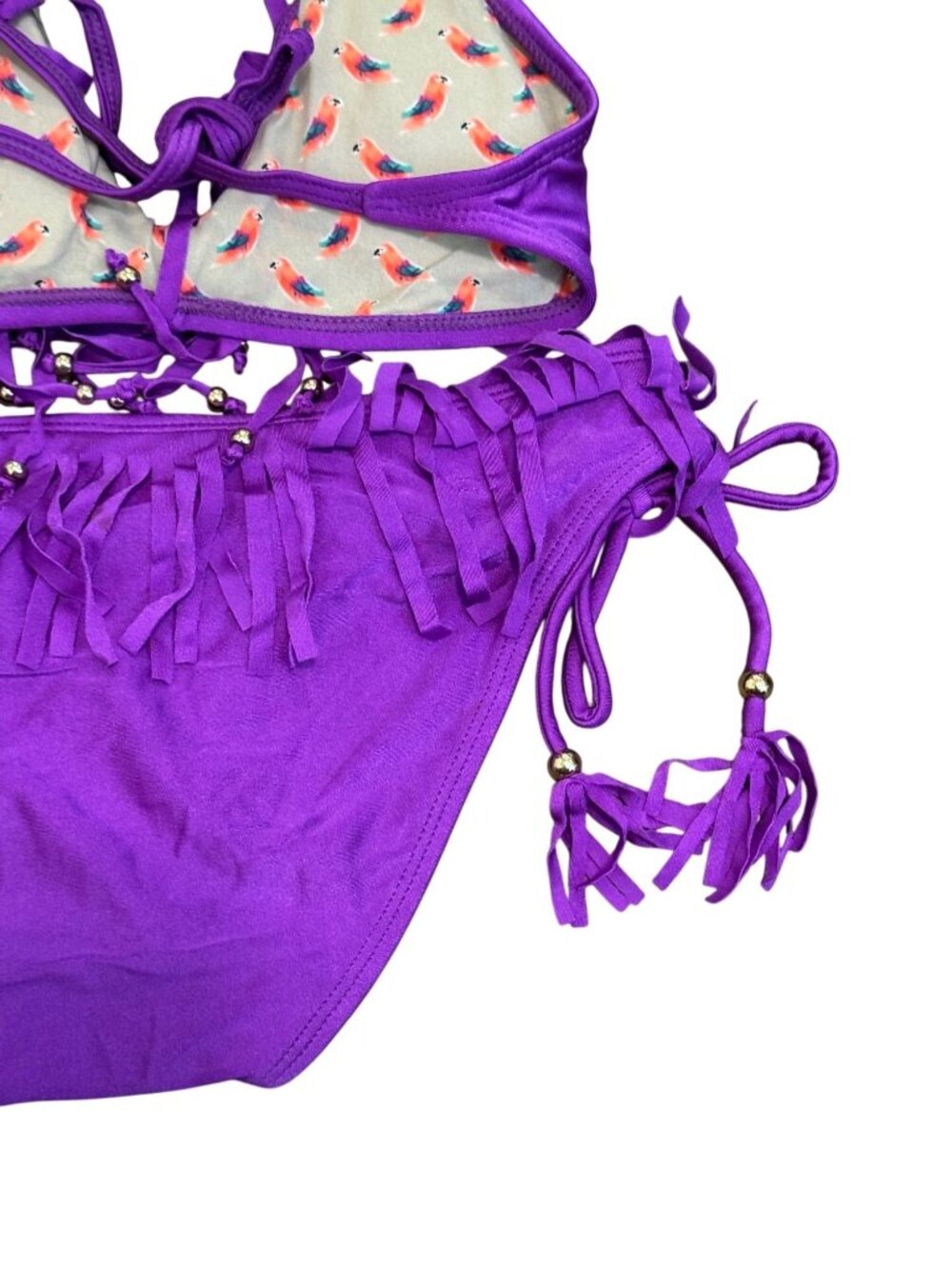 Raisins Purple Fringe Bikini Set With Beaded Accents & Parrot - Picture 6 of 7